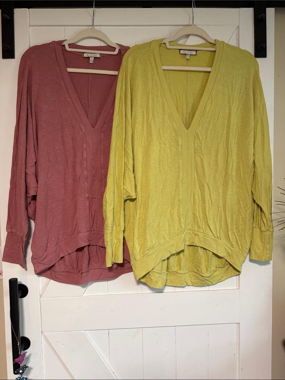 Relaxed V-Neck Sweater in Mauve and Chartreuse - Women Sweaters